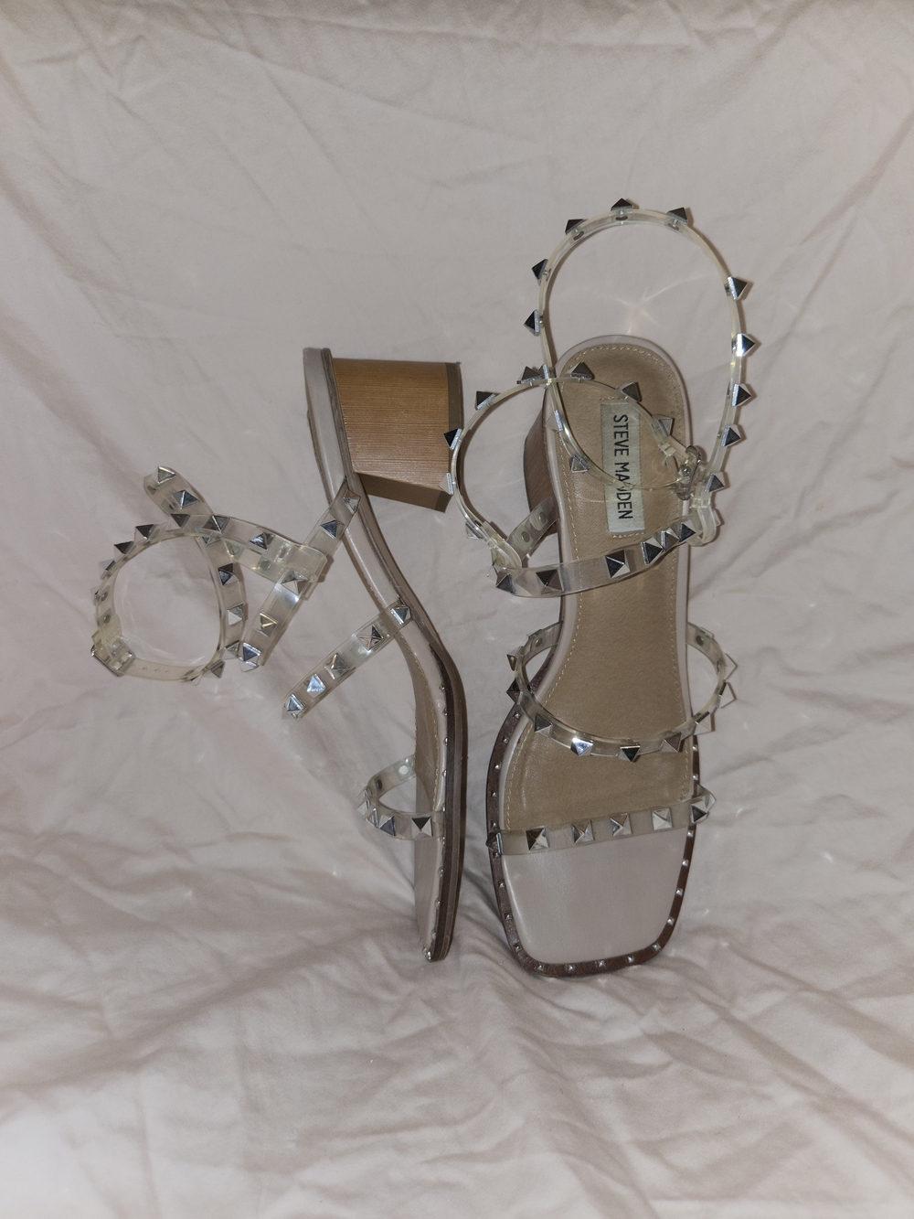 Steve Madden Clear Studded Block Heel Sandals - Silver Studs